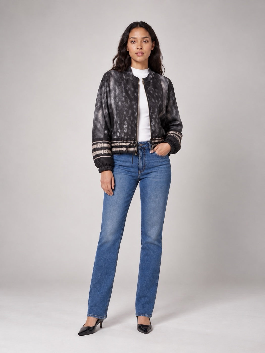 Textured Print Bomber Jacket with Buckle Details - Black