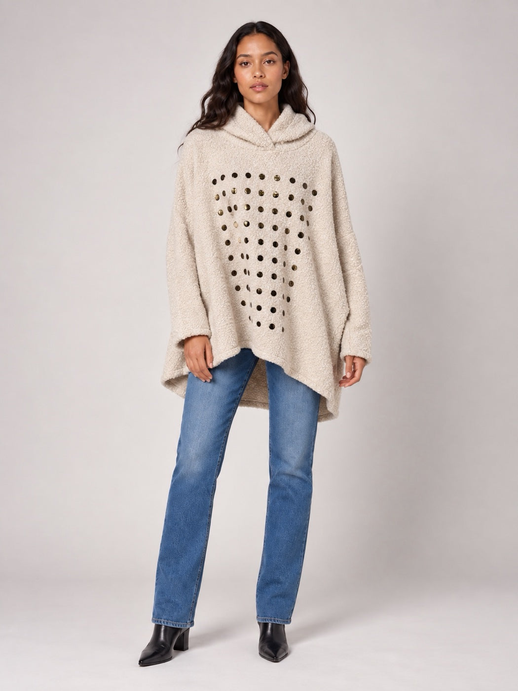 Textured Hooded Jumper with Embellished Cut-Outs - Ecru