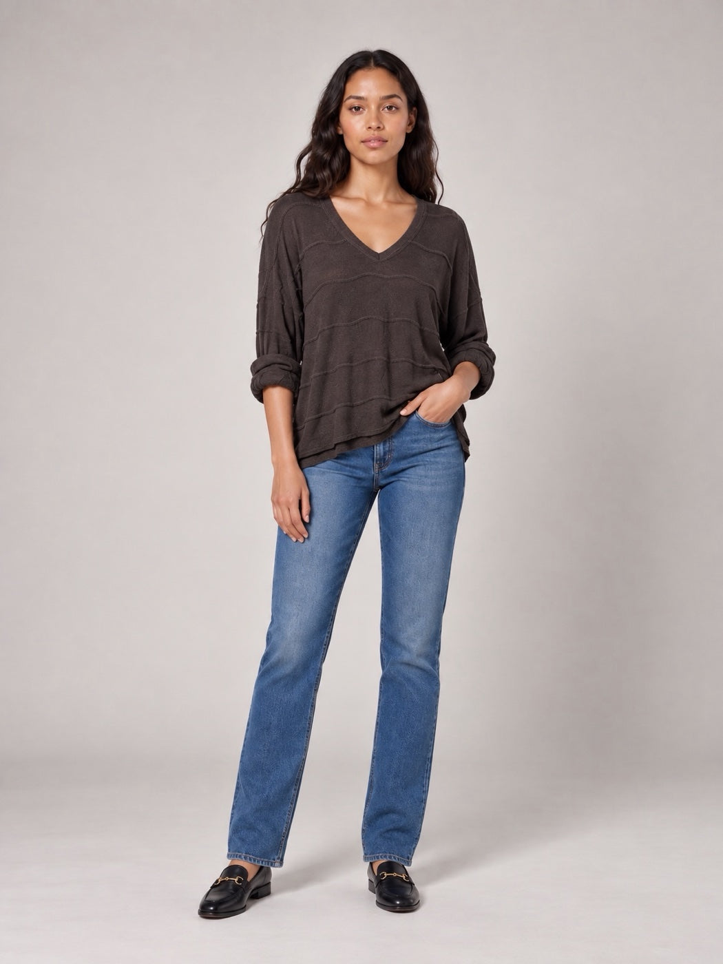 Textured V-Neck Jumper - Espresso