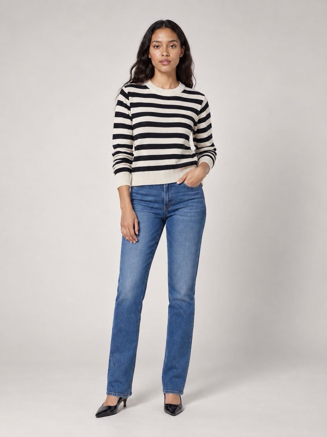 Striped Crew Neck Jumper - Cream/black