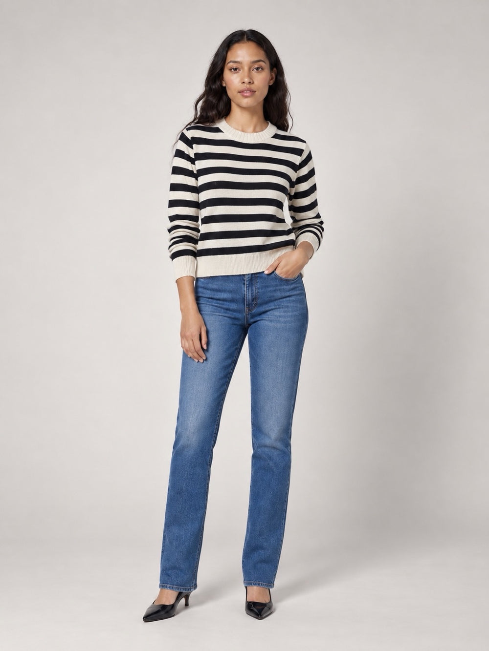 Striped Crew Neck Jumper - Cream/black