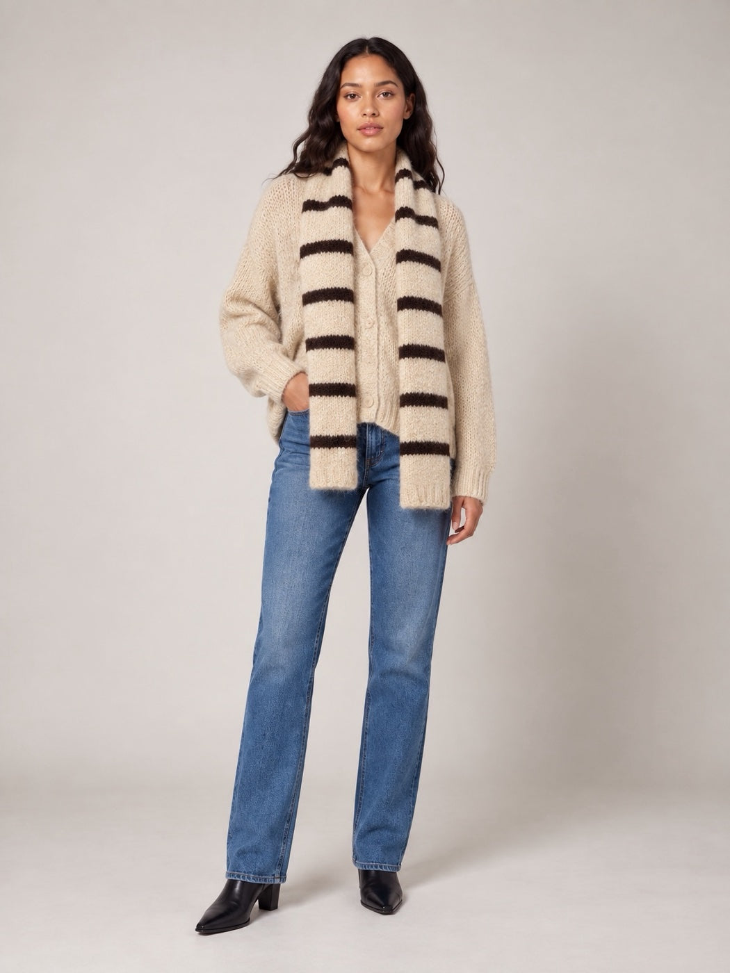 Soft Button-Front Cardigan and scarf - Stone