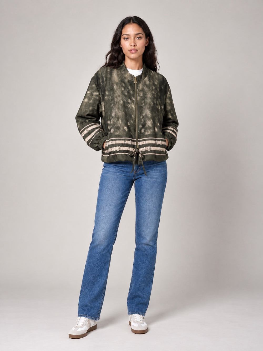 Textured Print Bomber Jacket with Buckle Details - Olive