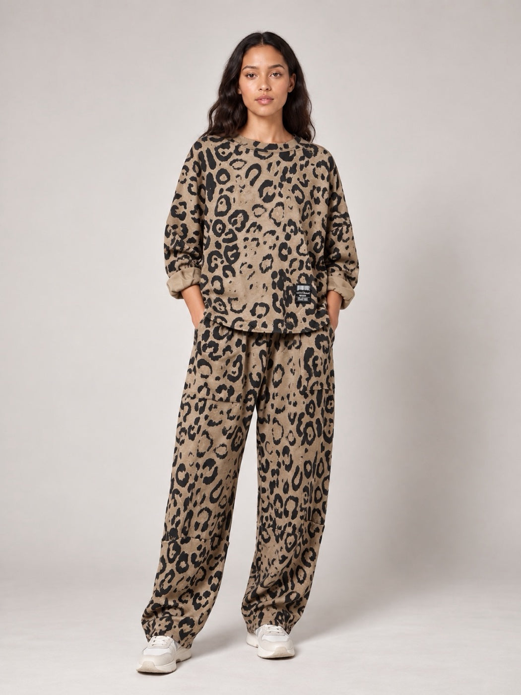 Leopard Print Relaxed Fit Matching Set - Latte