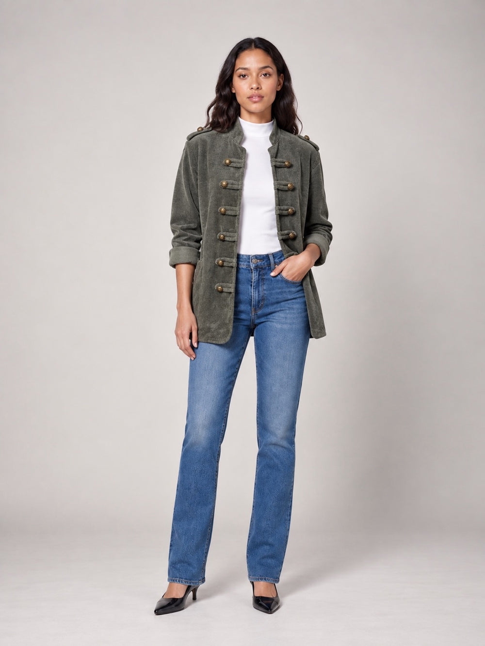 Military-Inspired Corduroy Jacket - Sage