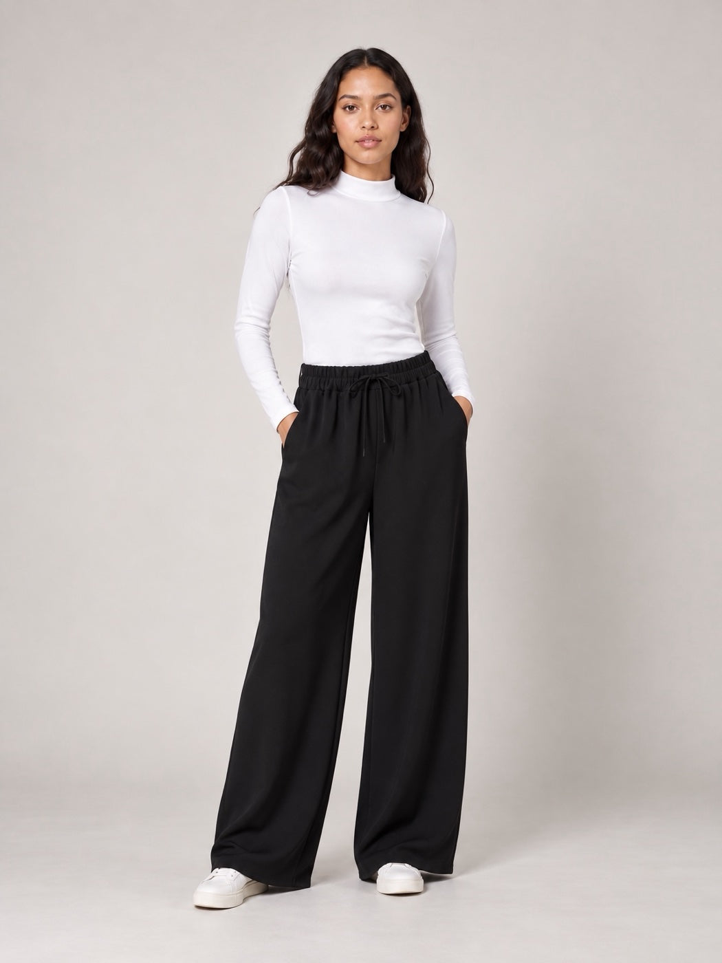 Wide-Leg Drawstring Trousers - Black