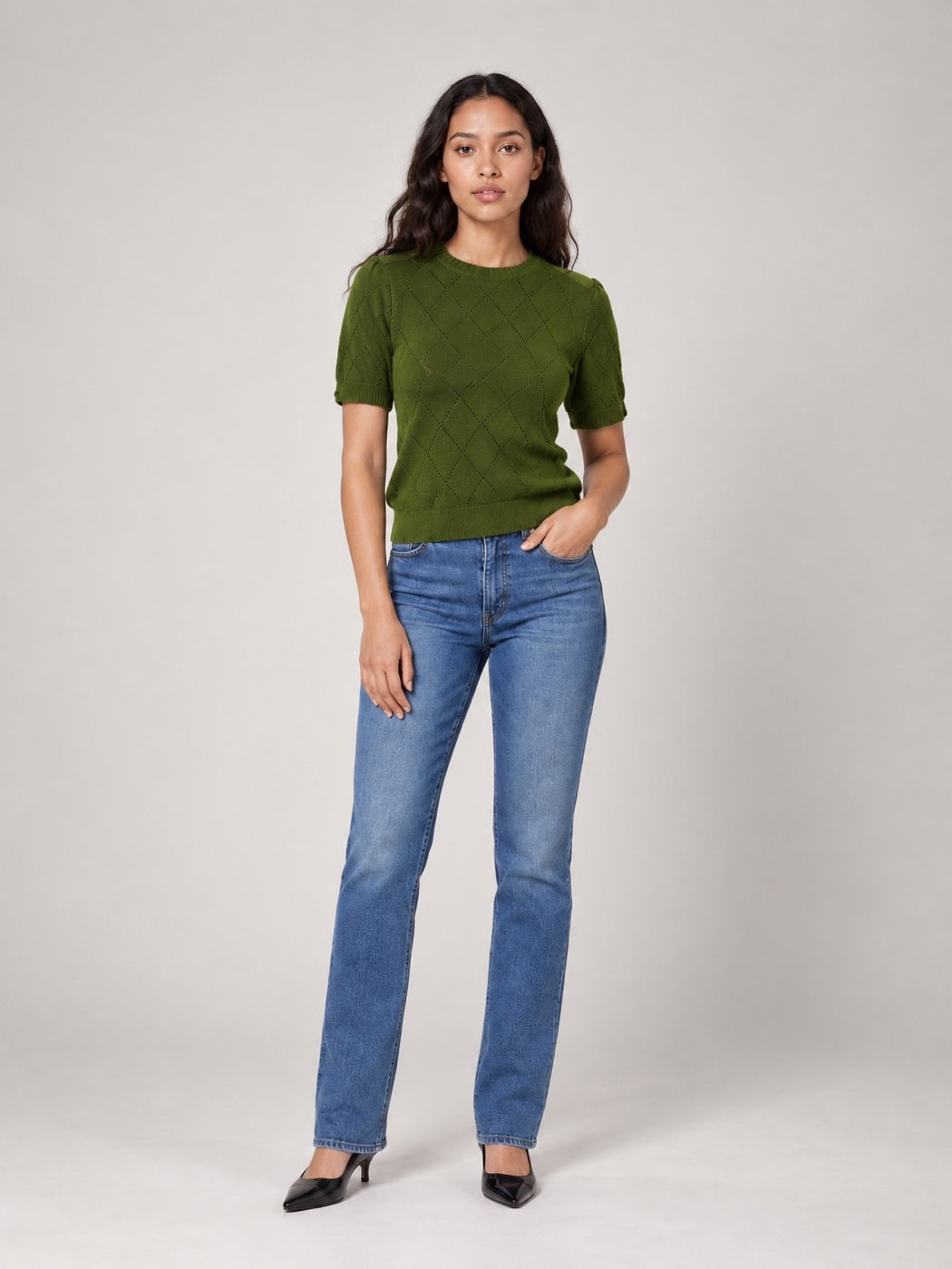 Diamond Knit Puff Sleeve Sweater - Avocado