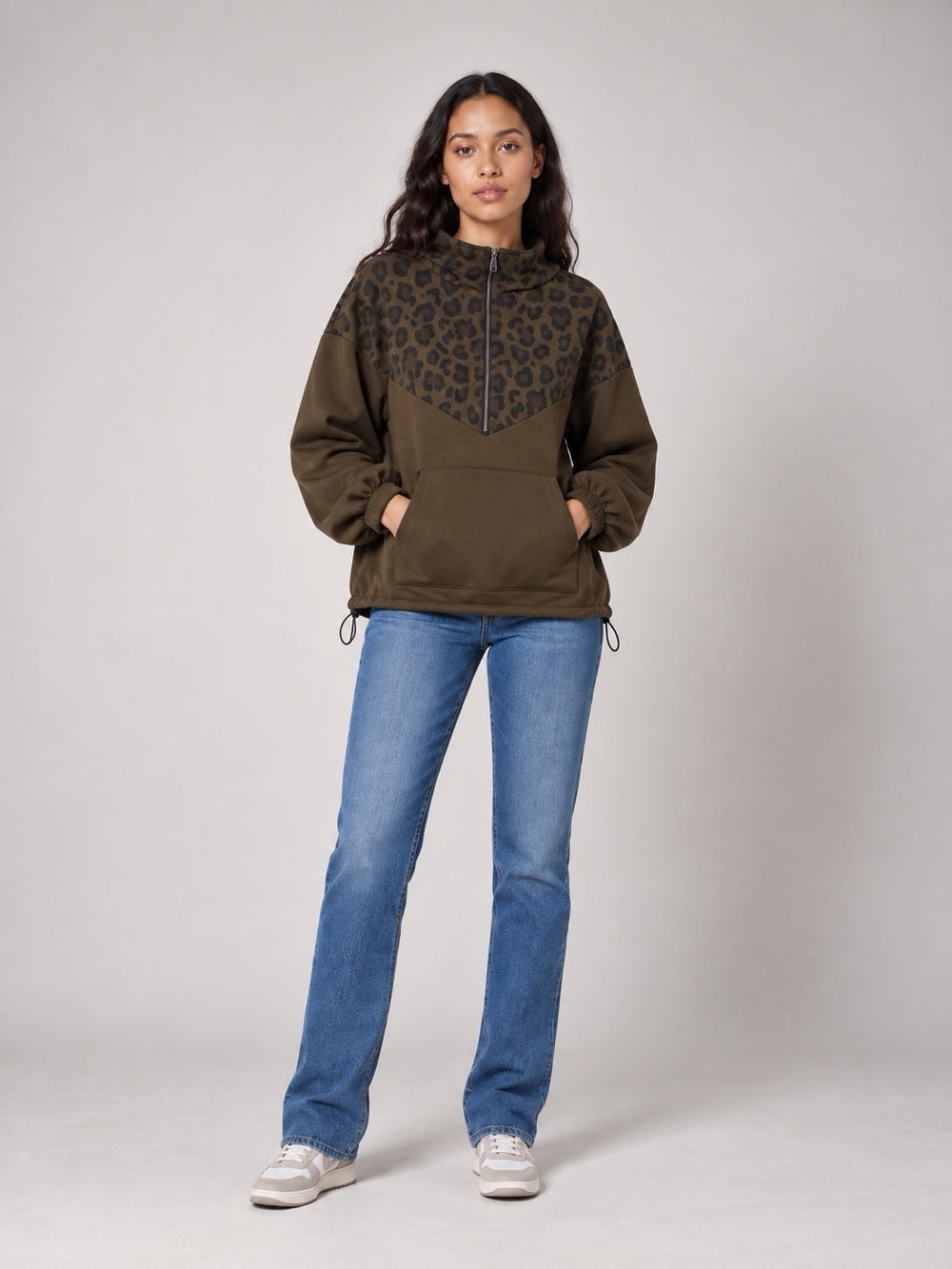 Leopard Print Quarter Zip Hoodie - Chocolate