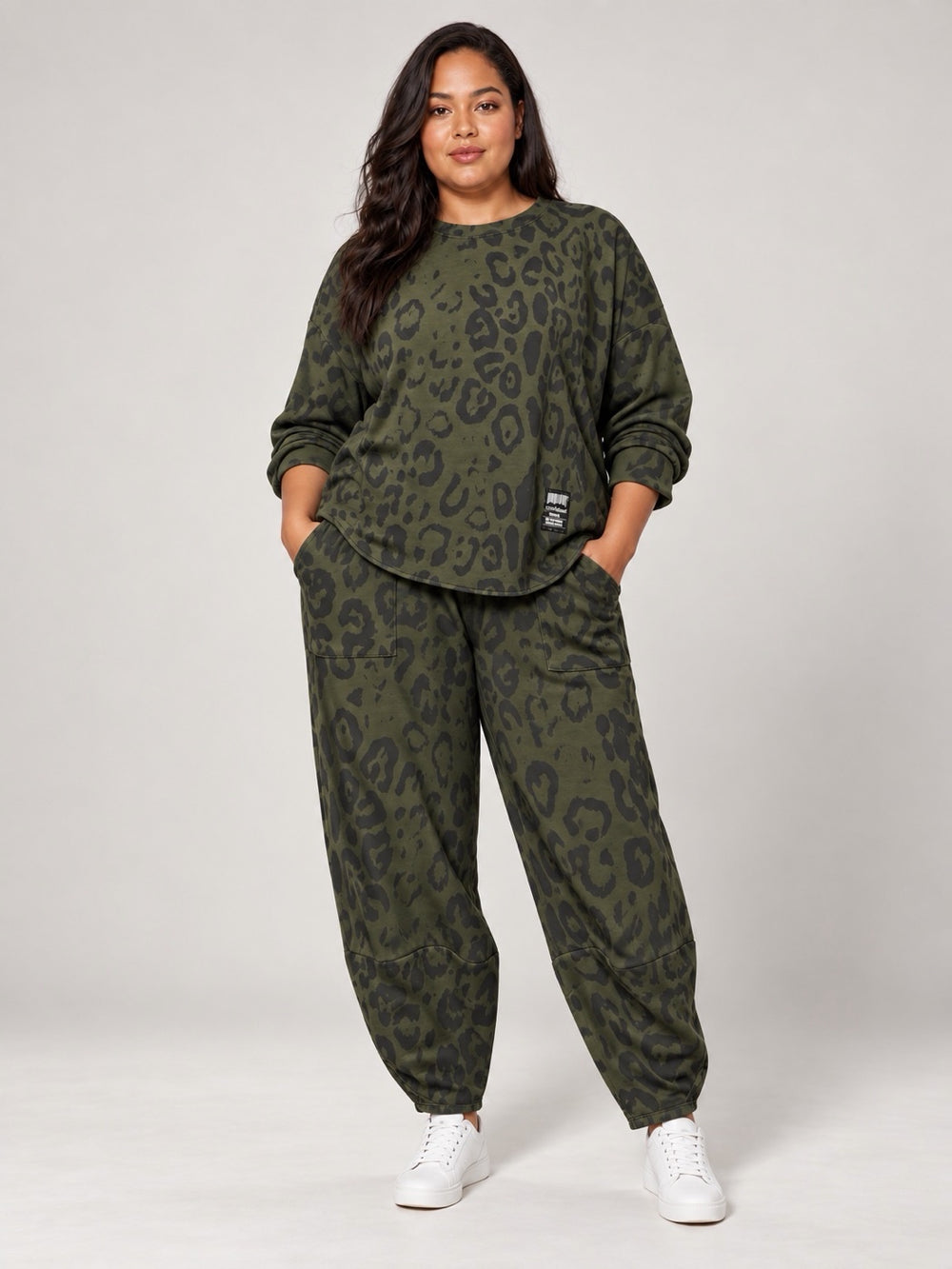 Leopard Print Relaxed Fit Matching Set - Khaki