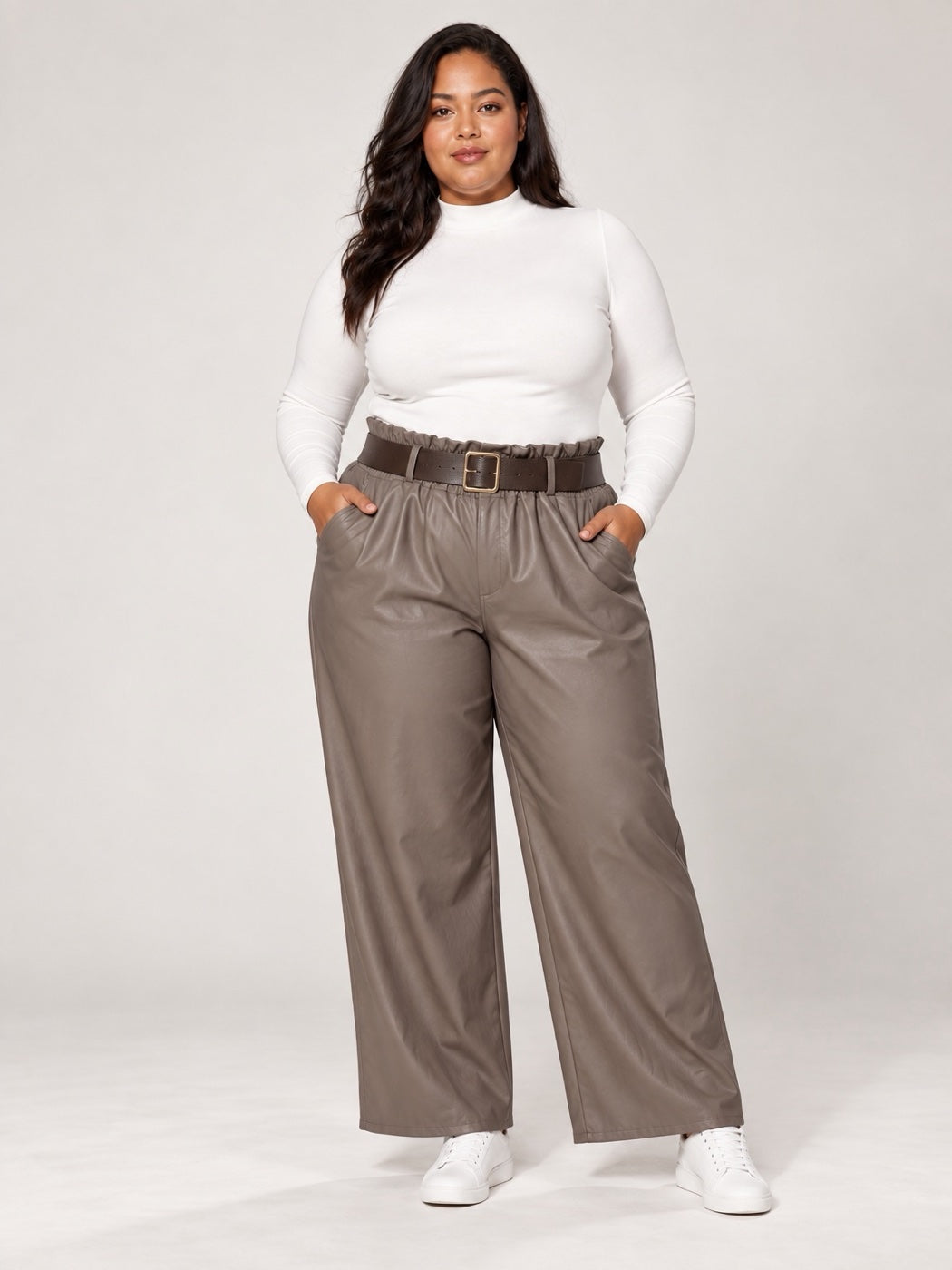High-Waist Belted Wide-Leg Trousers - Mocha