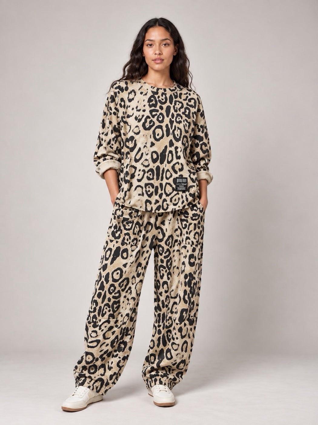 Leopard Print Relaxed Fit Matching Set - Stone