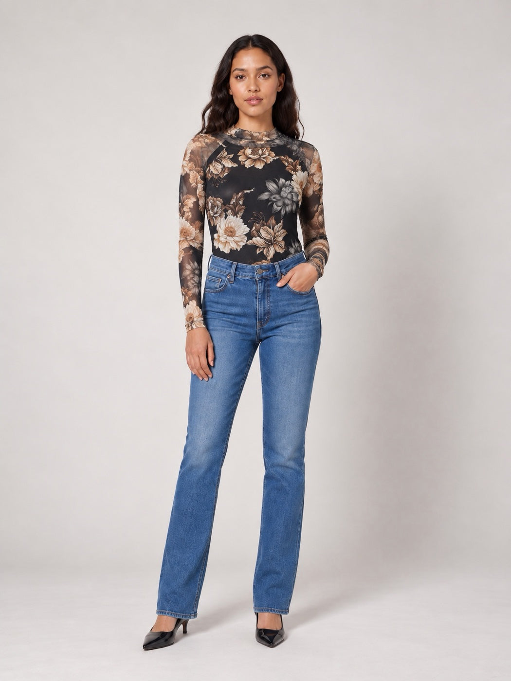Floral Print Mesh Top - Black Floral
