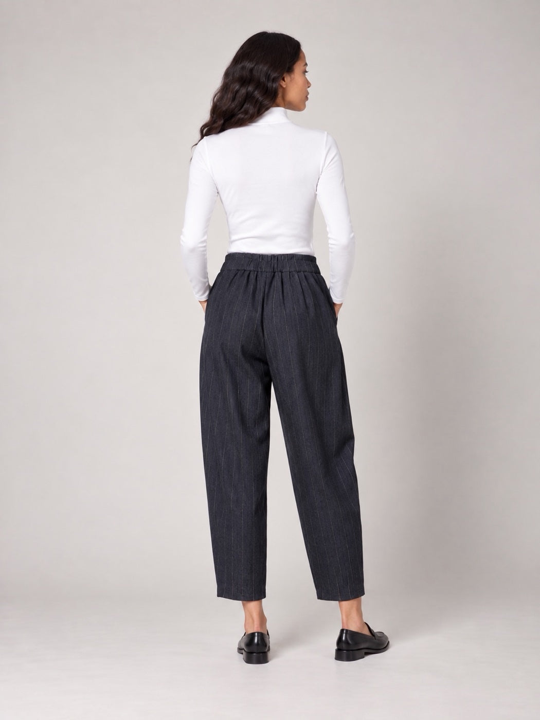 Pinstripe Pleated Cropped Trousers - Navy (2)