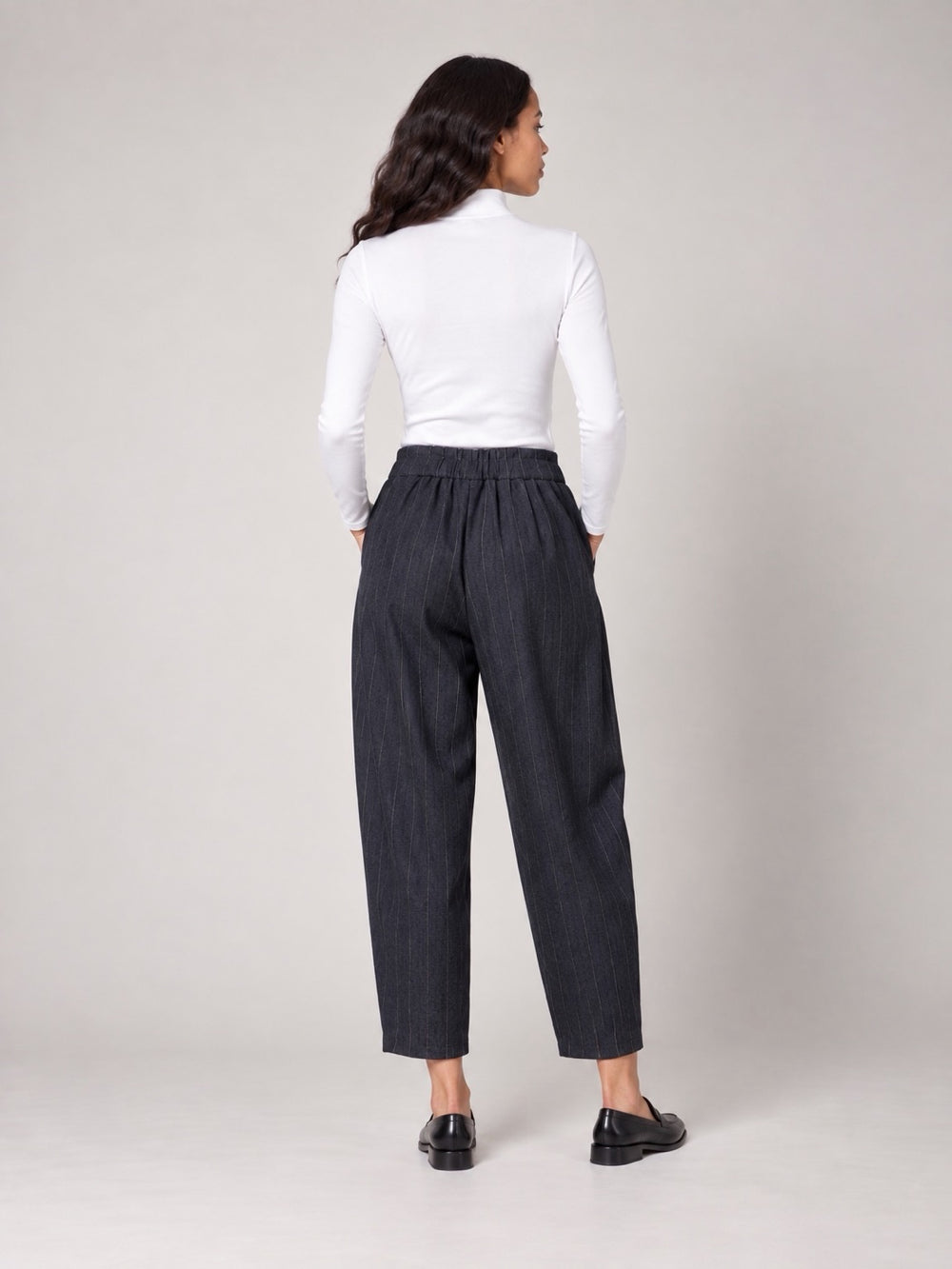 Pinstripe Pleated Cropped Trousers - Navy (2)