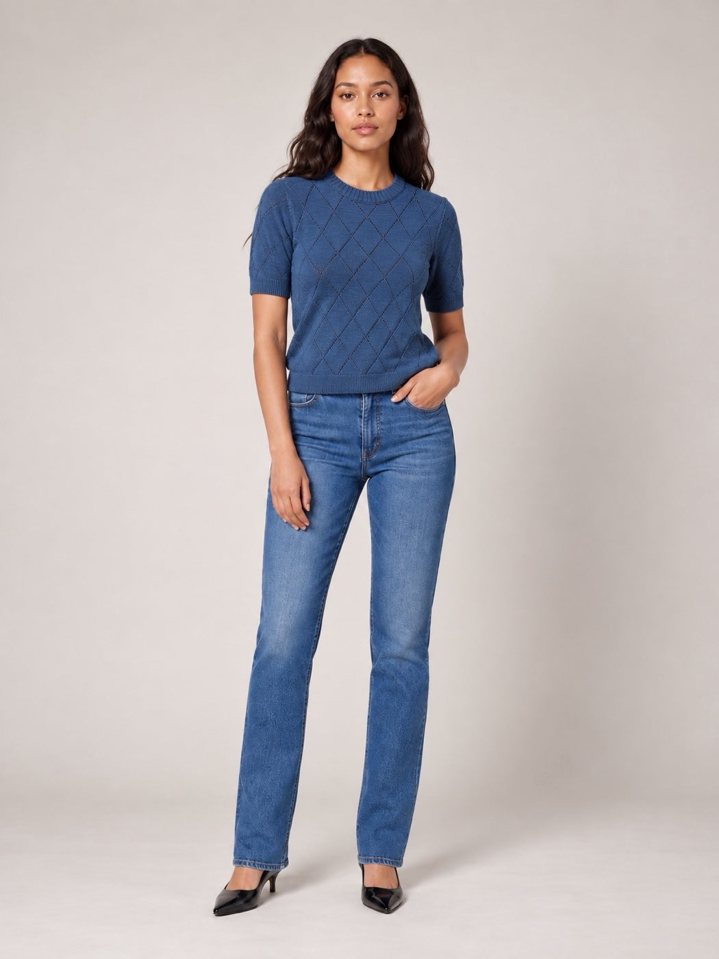 Diamond Knit Puff Sleeve Sweater - Denim