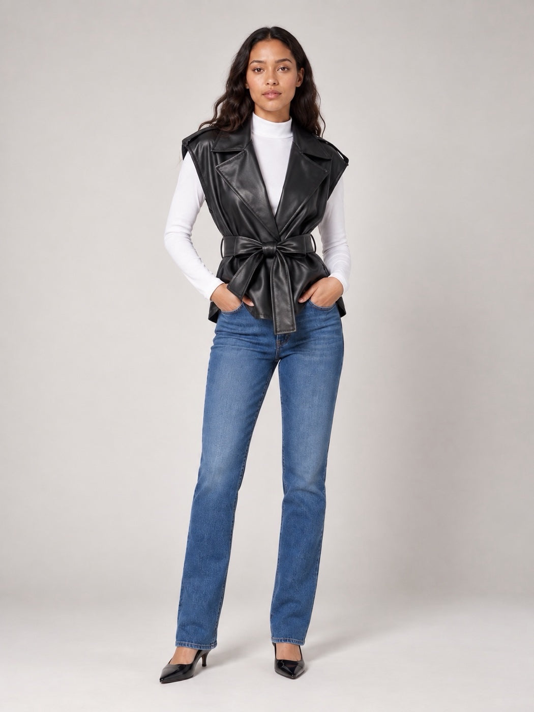 Sleeveless Tie Waist Vest - Black