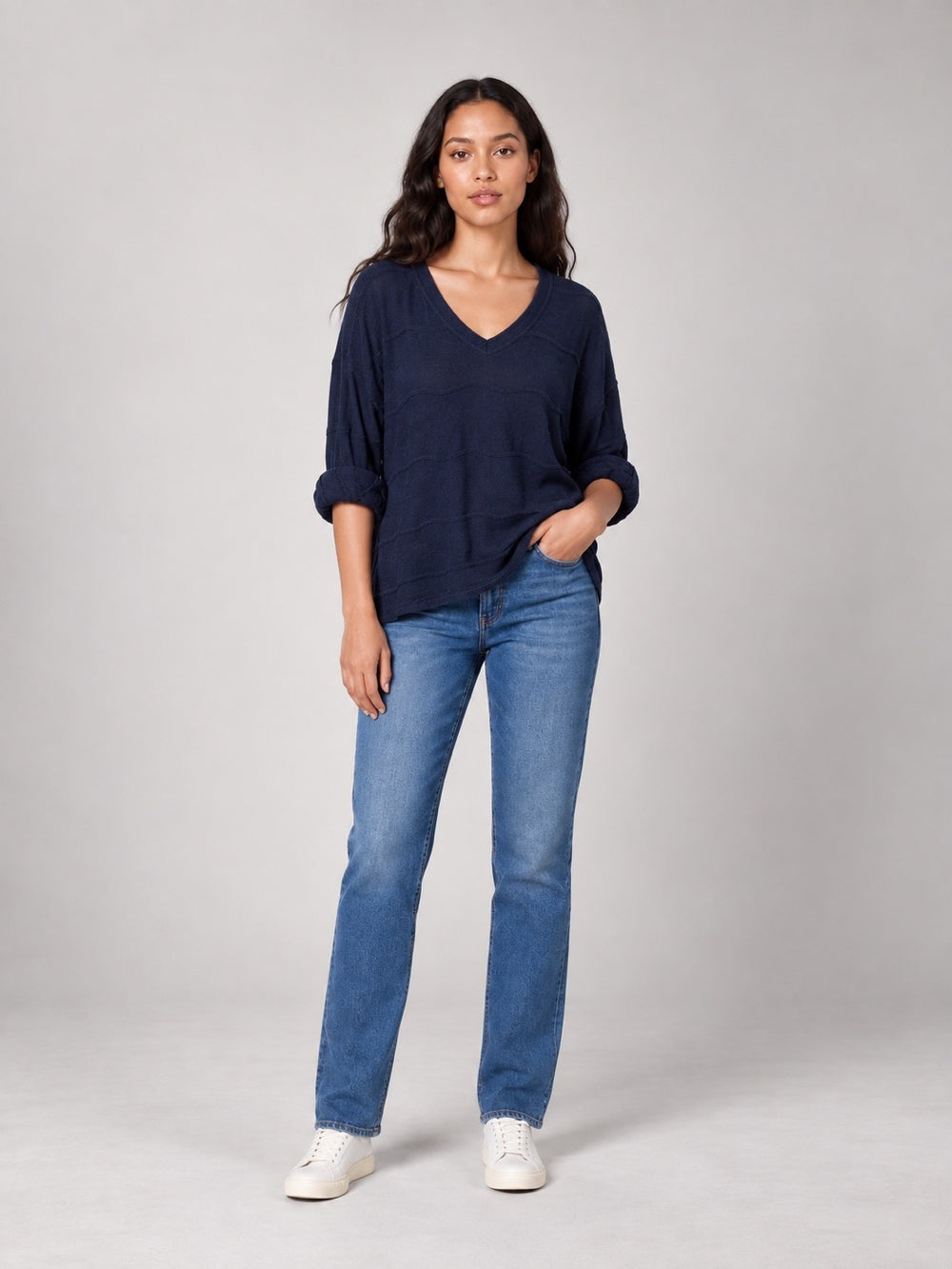 Textured V-Neck Jumper - Navy