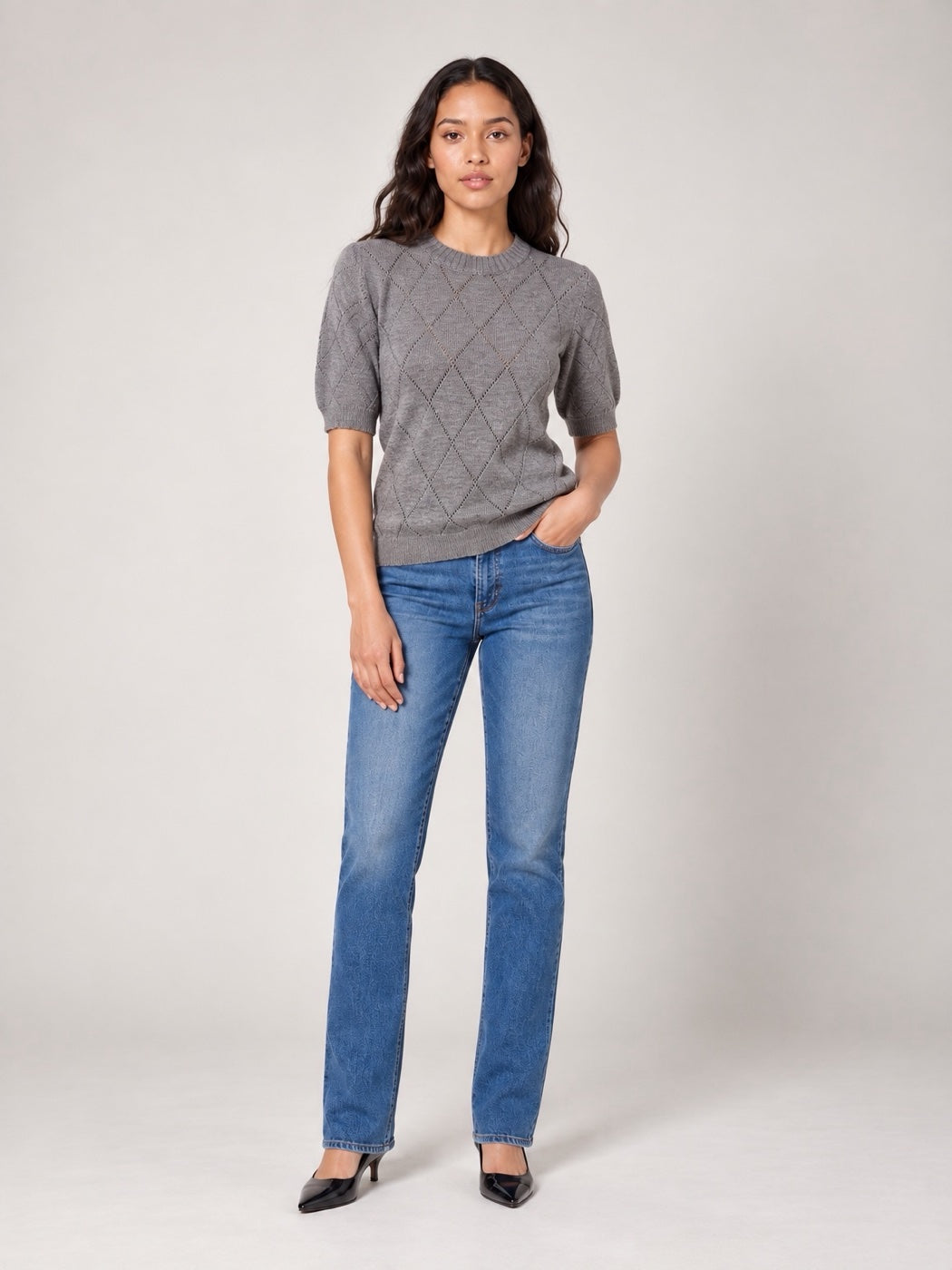 Diamond Knit Puff Sleeve Sweater - Grey