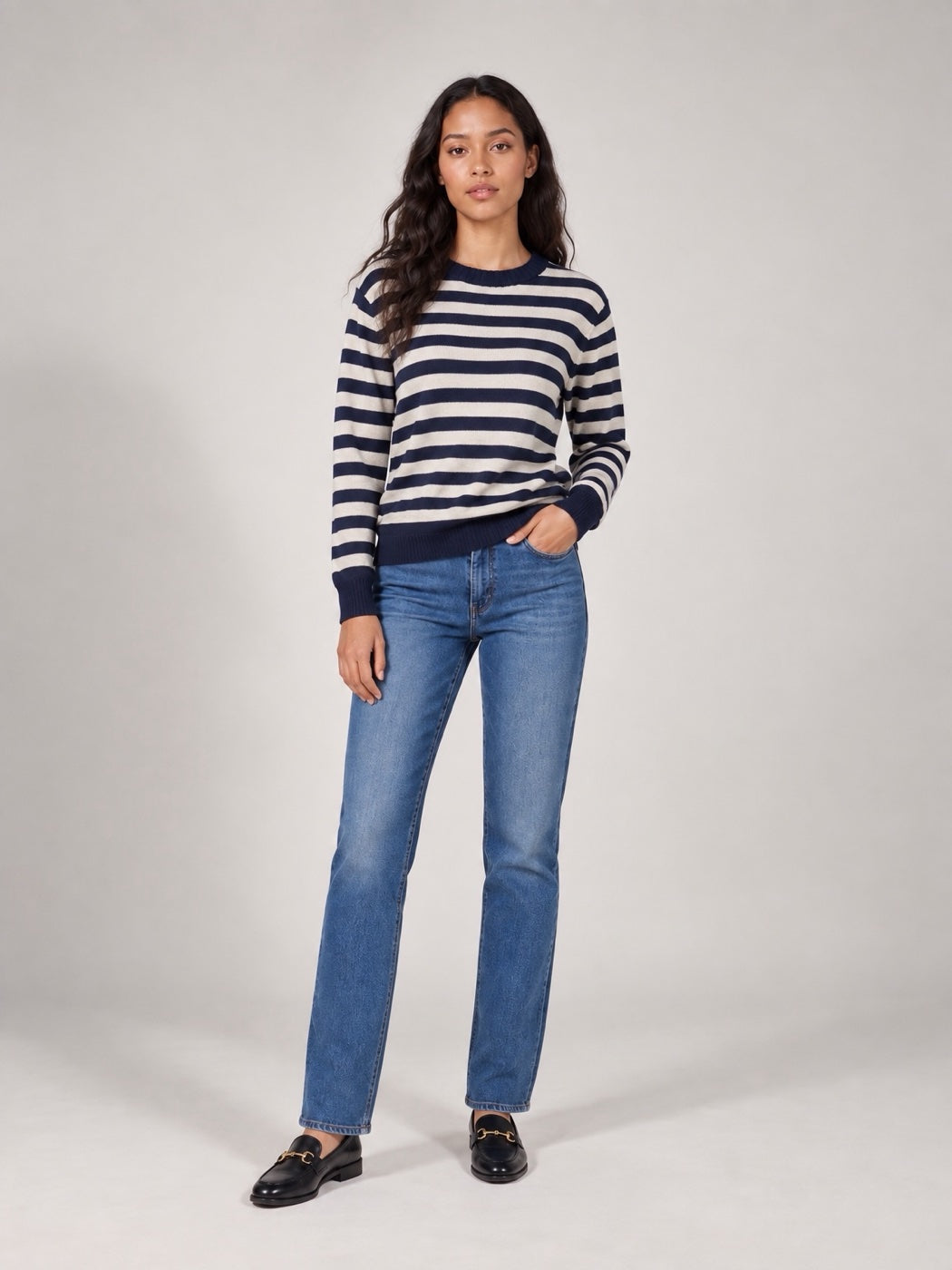 Striped Crew Neck Jumper - Navy/cream