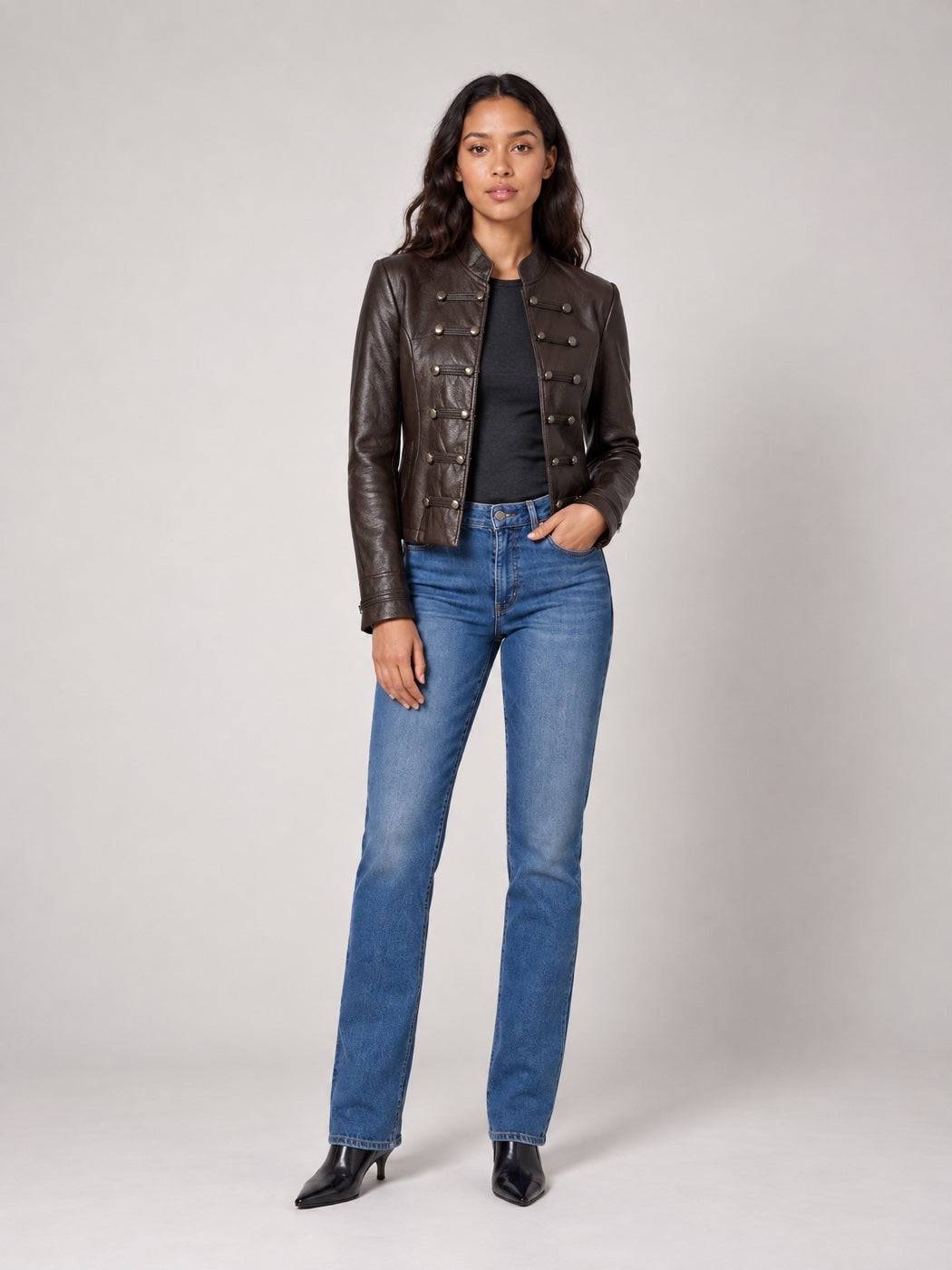 Military-Inspired Button Jacket - Chocolate