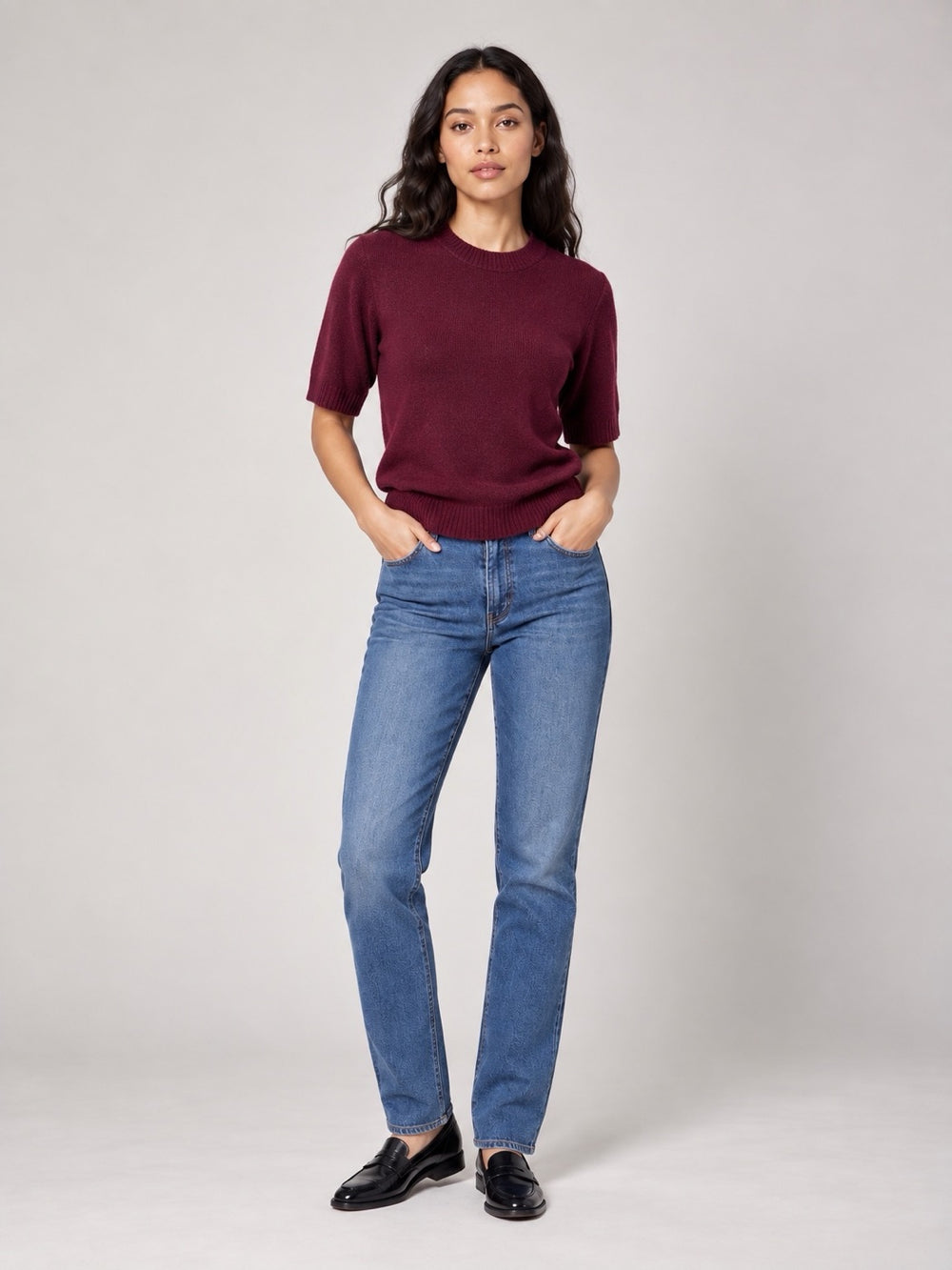 Textured Knit Short Sleeve Jumper - Wine