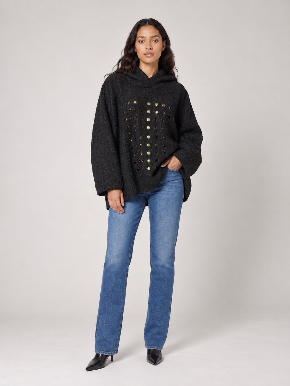 Textured Hooded Jumper with Embellished Cut-Outs - Black