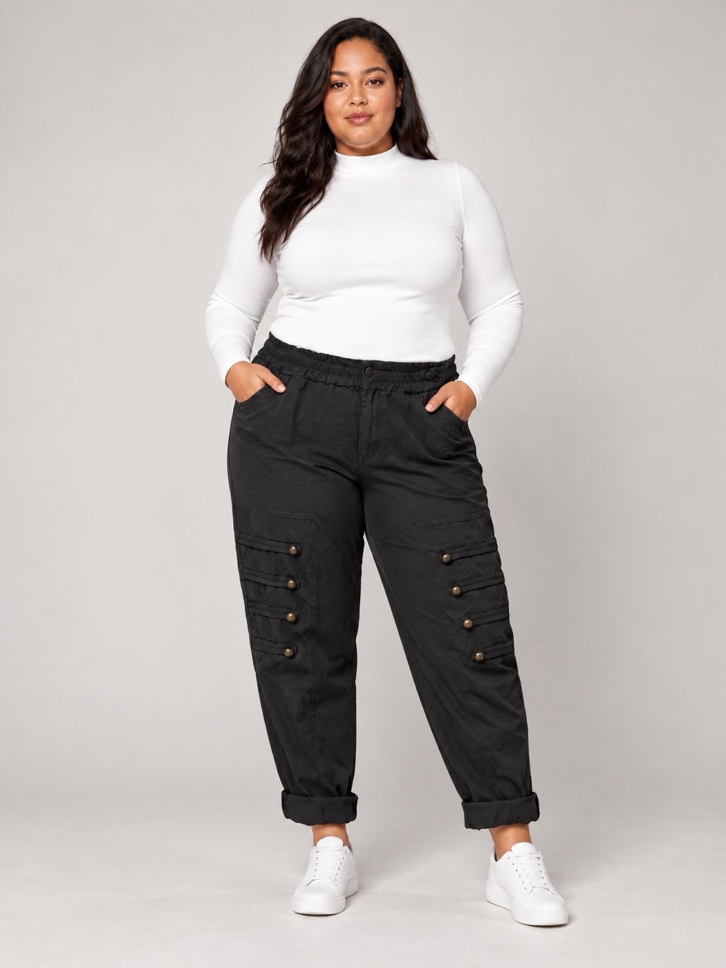 Button Detail Cargo Trousers - Black