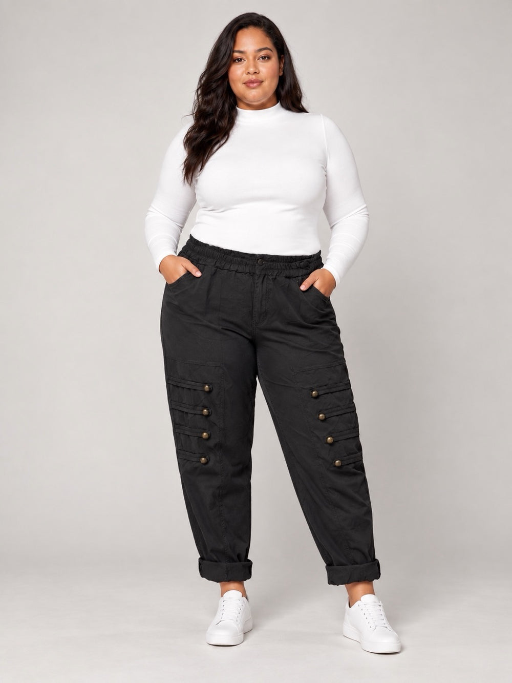 Button Detail Cargo Trousers - Black