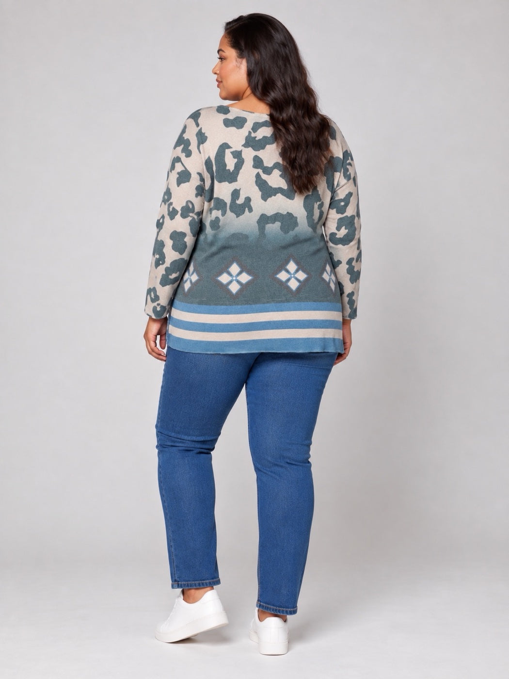 Abstract Animal Print V-Neck Jumper - Sage (2)