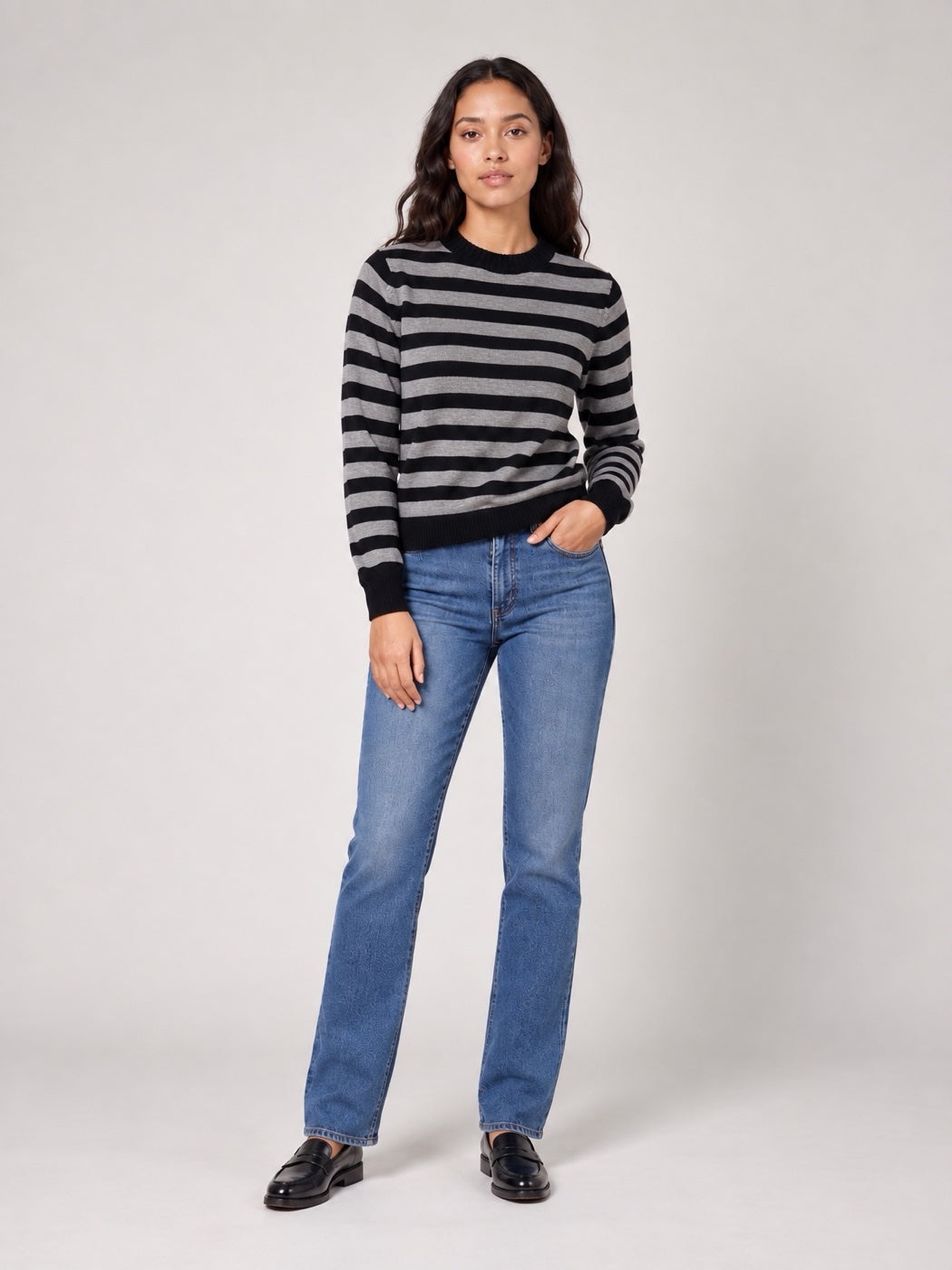Striped Crew Neck Jumper - Grey/black