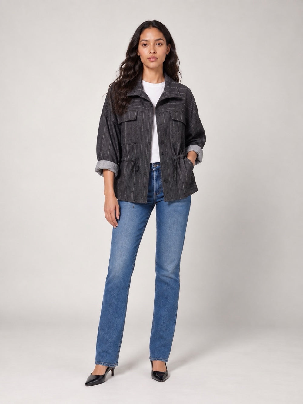 Textured Drawstring Utility Jacket - Black