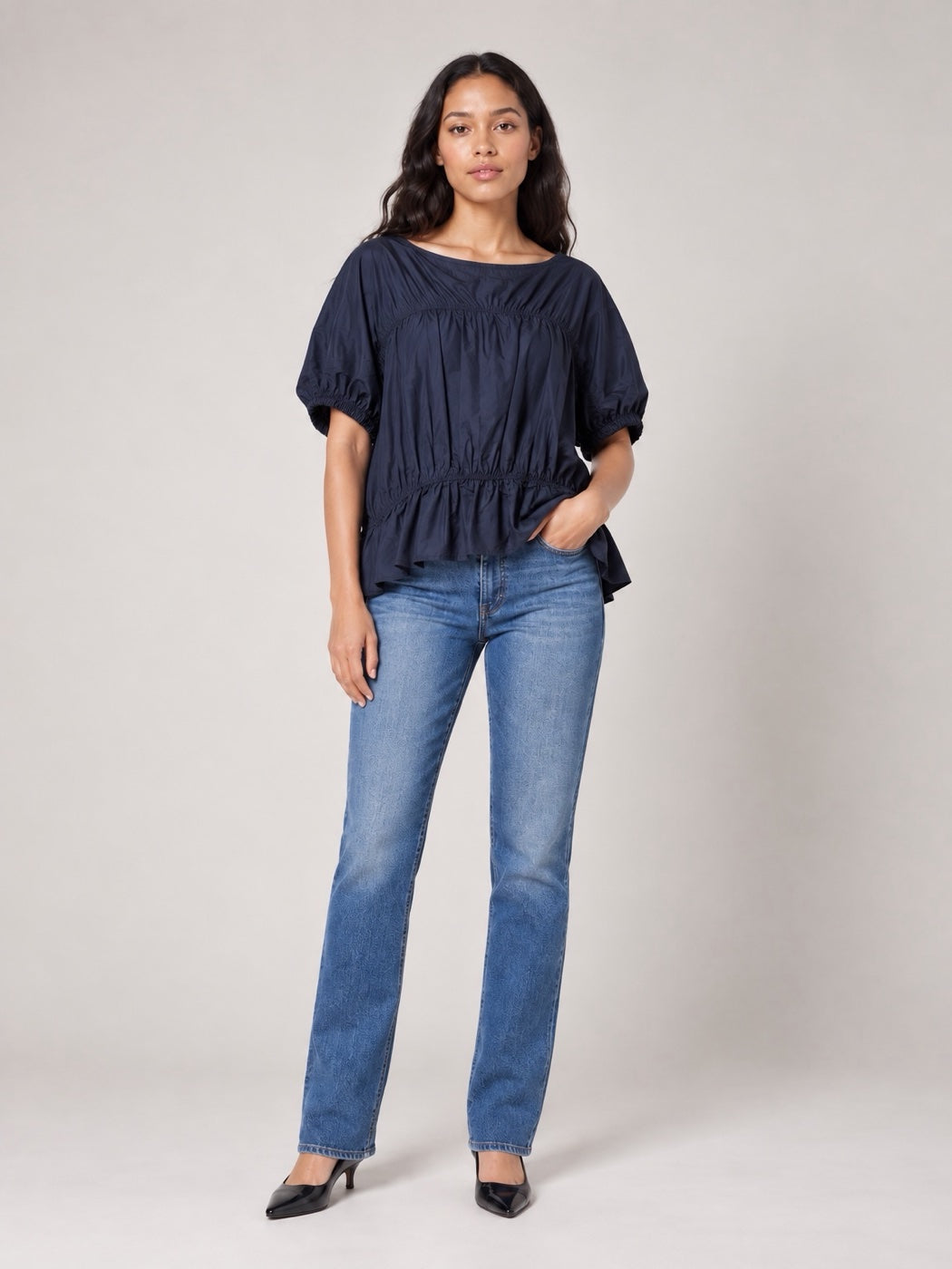 Gathered Blouson Top - Navy