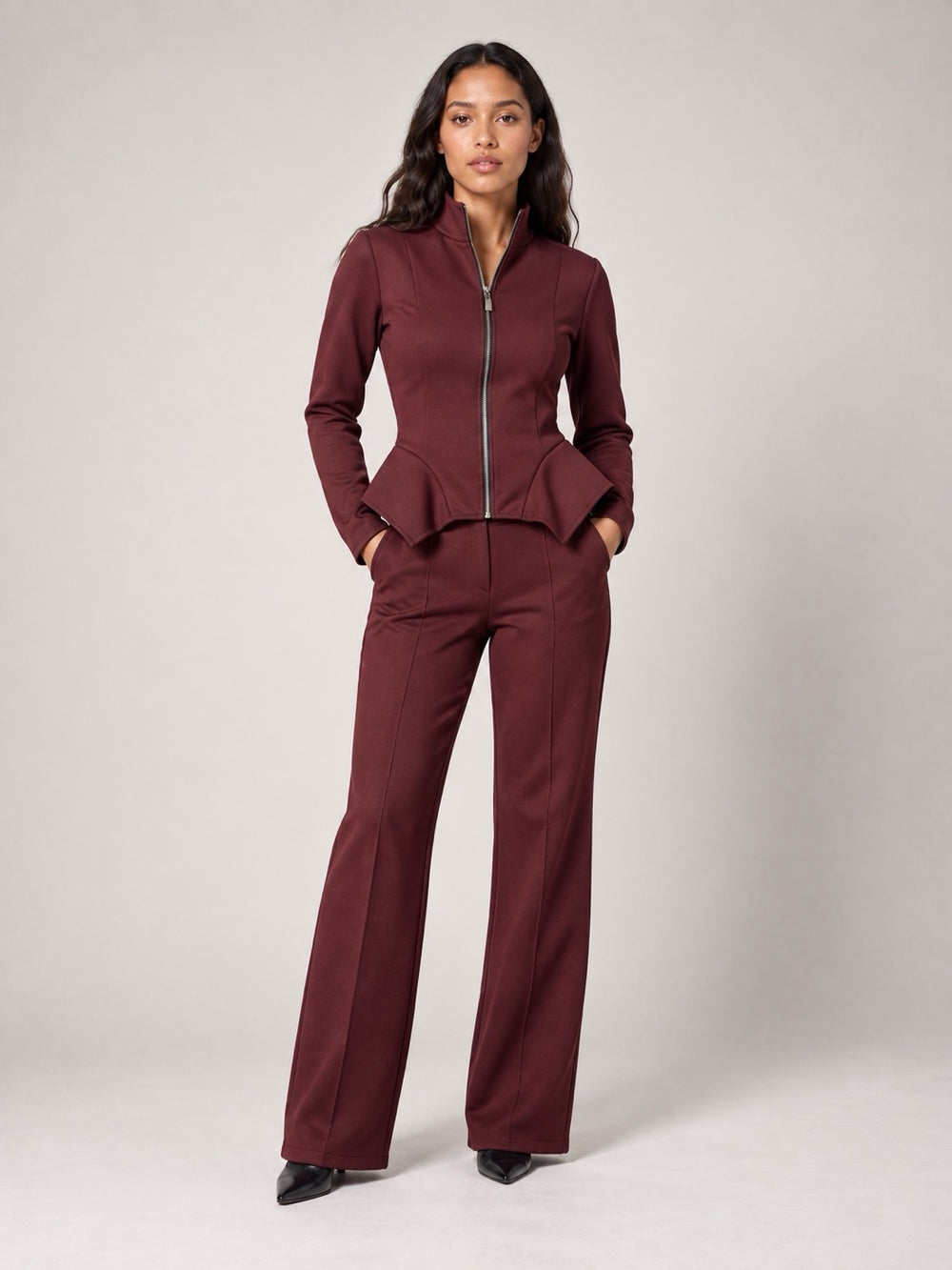 Sculpted Peplum Tracksuit Set - Wine