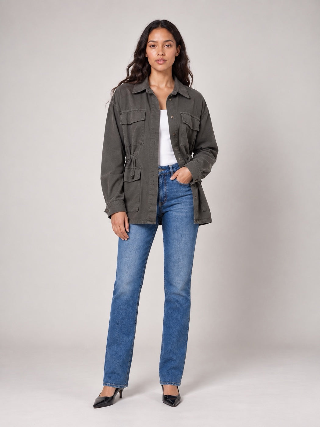 Utility Jacket with Drawstring Waist - Slate