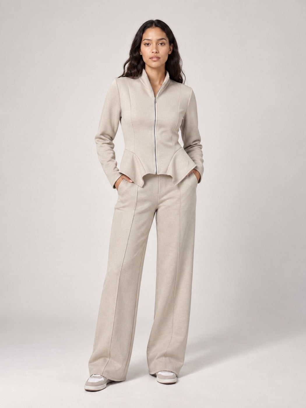 Sculpted Peplum Tracksuit Set - Stone
