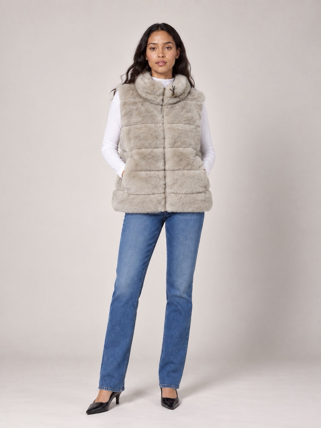 Hooded Faux Fur Gilet - Stone