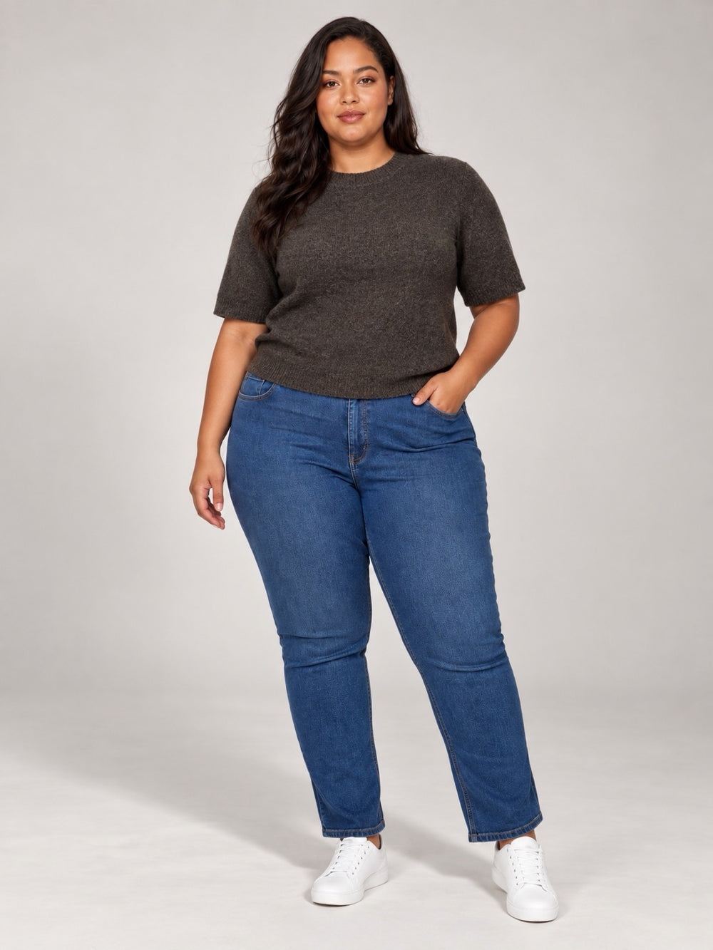 Textured Knit Short Sleeve Jumper - Coffee