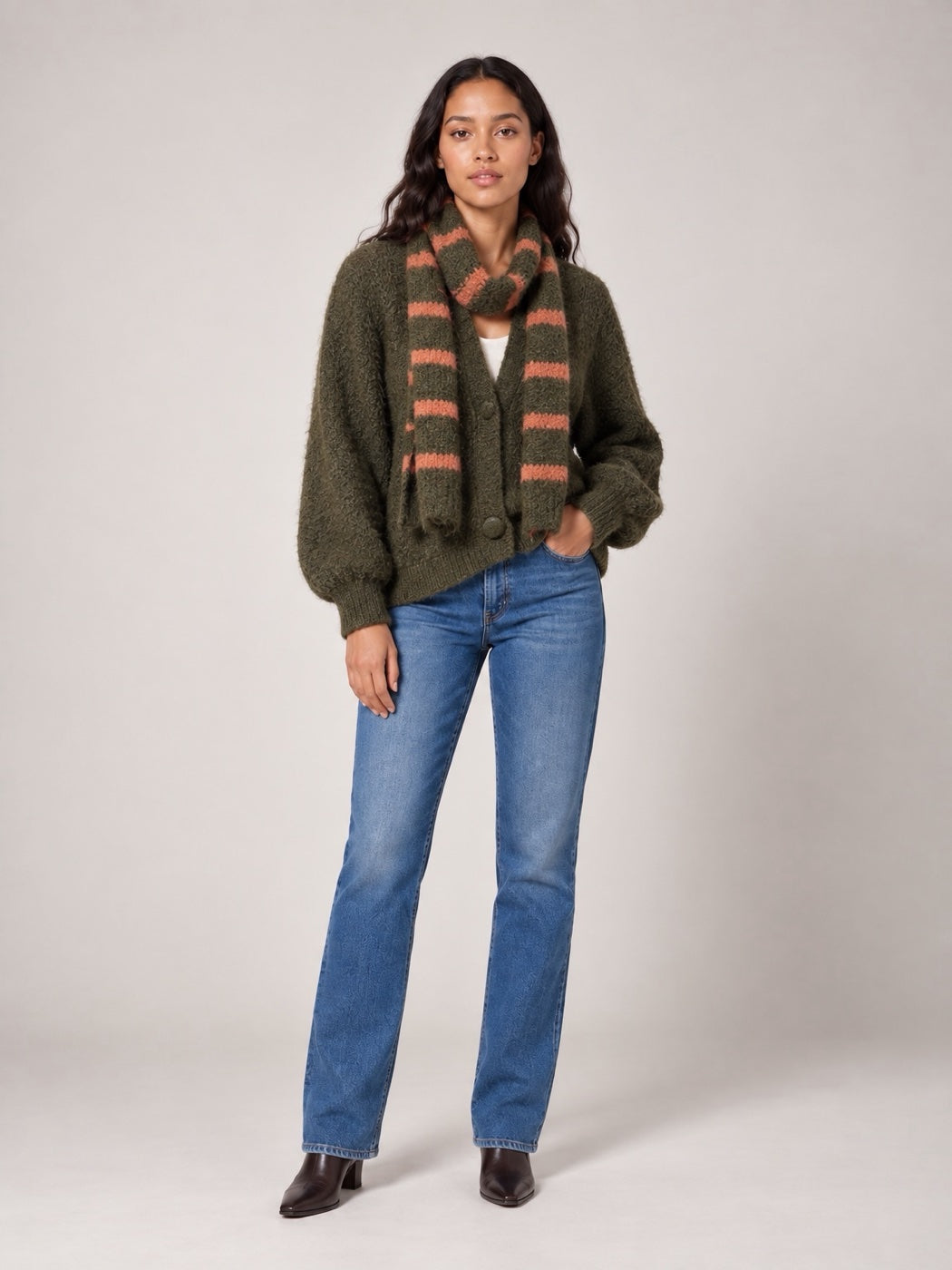 Soft Button-Front Cardigan and scarf - Olive