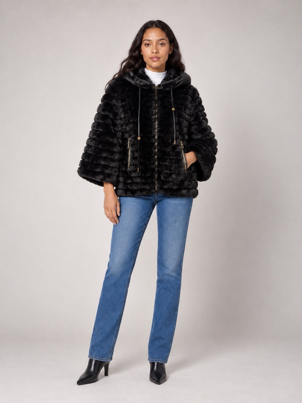 Textured Hooded Jacket with Bell Sleeves - Black