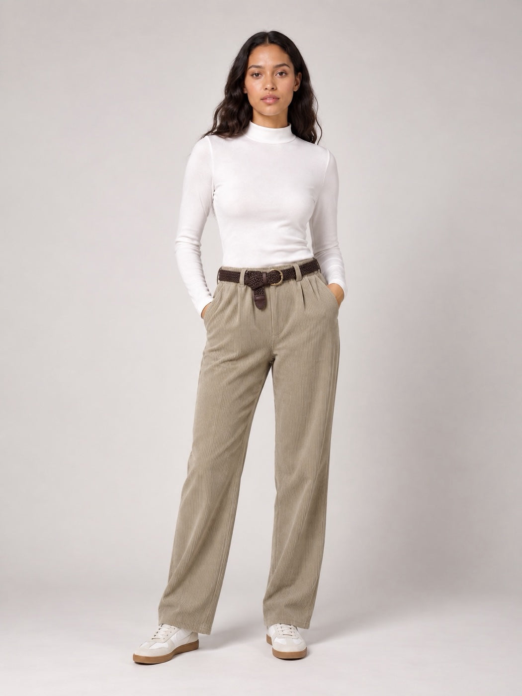 High Waisted Wide-Leg Corduroy Trousers - Stone