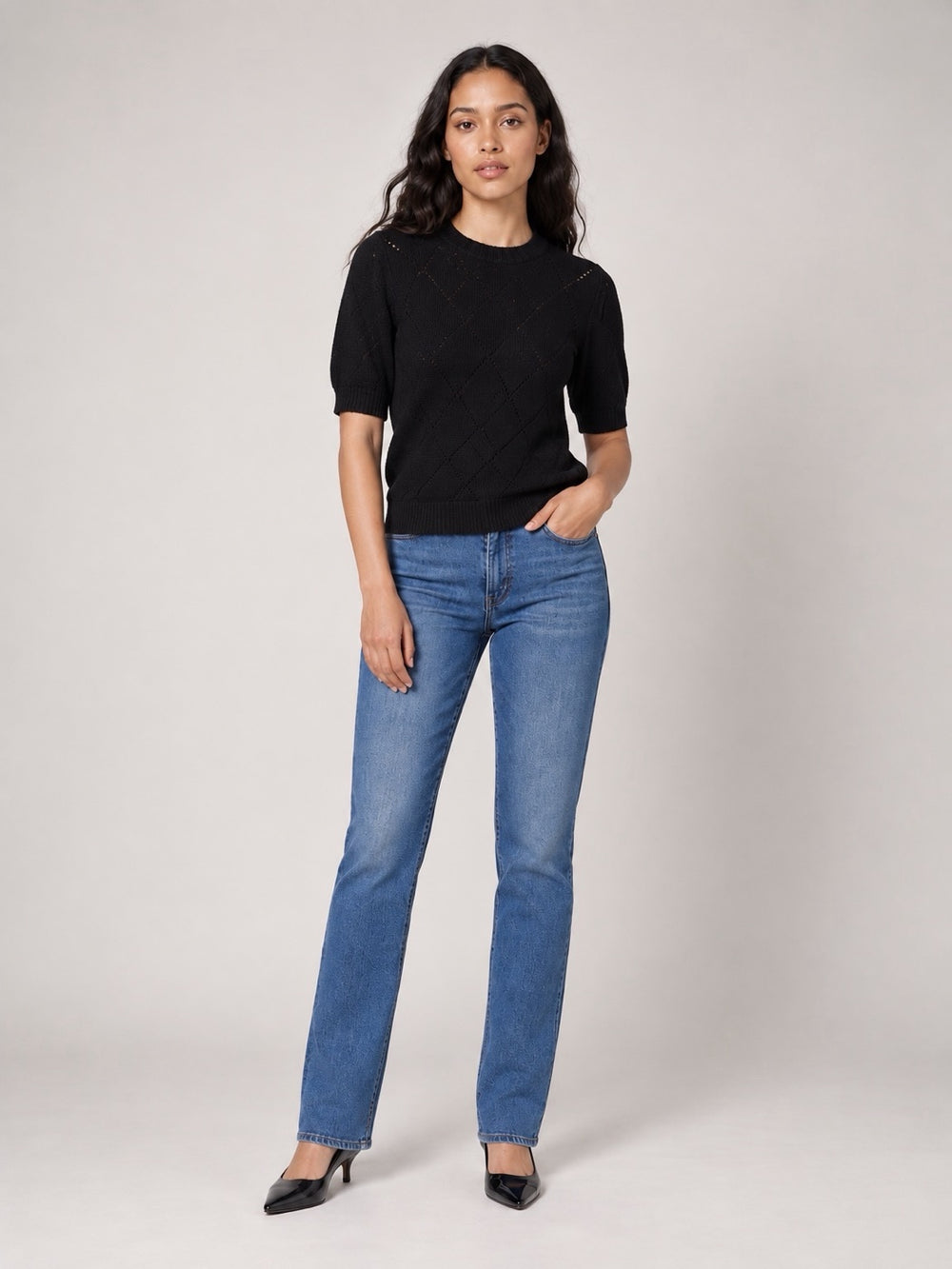 Diamond Knit Puff Sleeve Sweater - Black