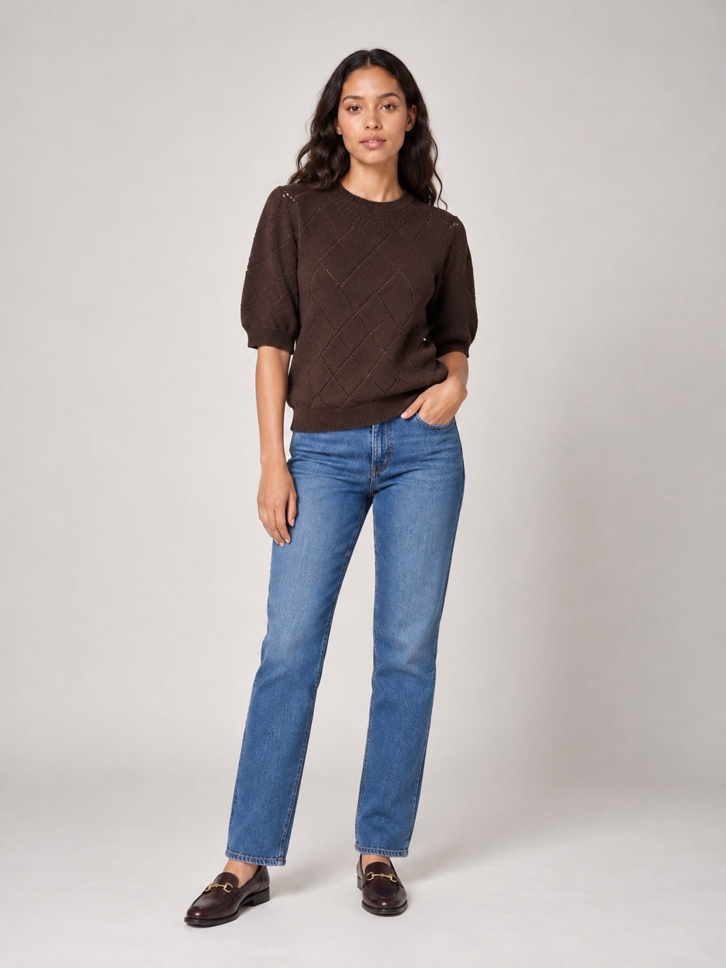 Diamond Knit Puff Sleeve Sweater - Chocolate