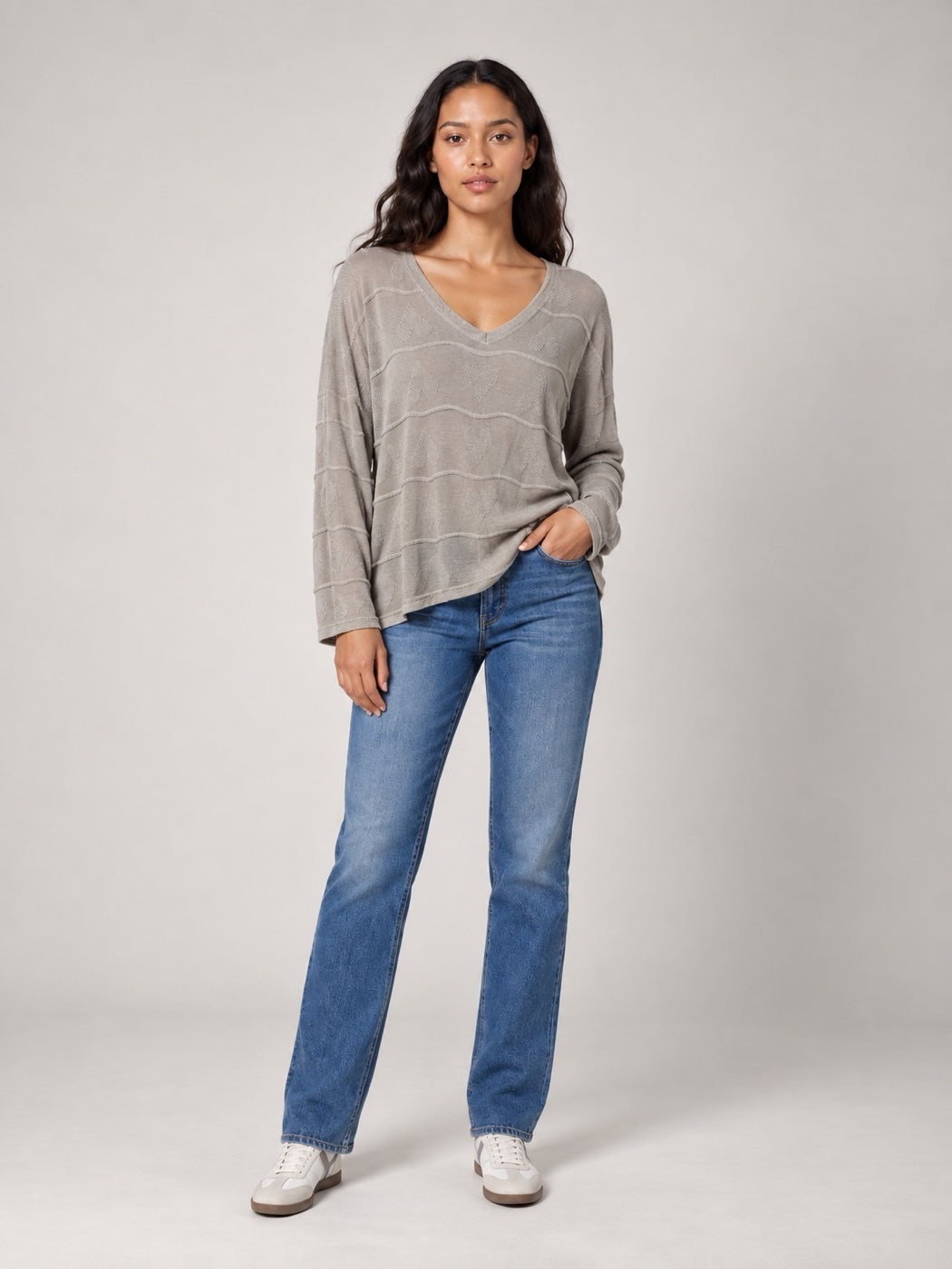 Textured V-Neck Jumper - Stone