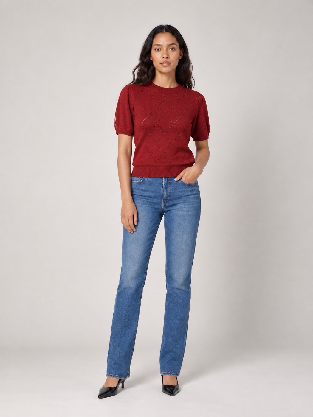 Diamond Knit Puff Sleeve Sweater - Brick