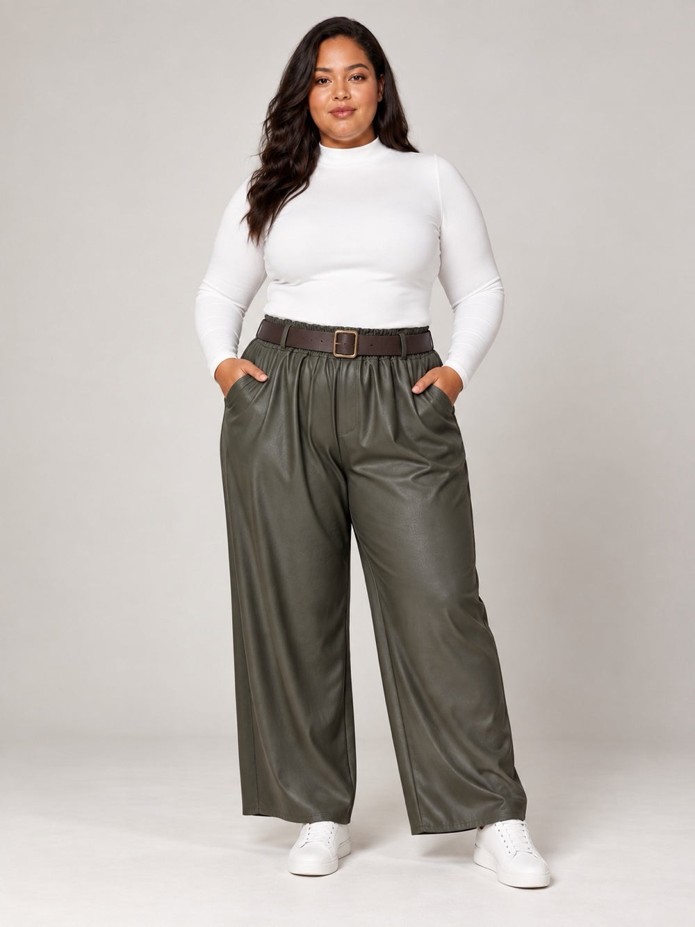 High-Waist Belted Wide-Leg Trousers - Olive