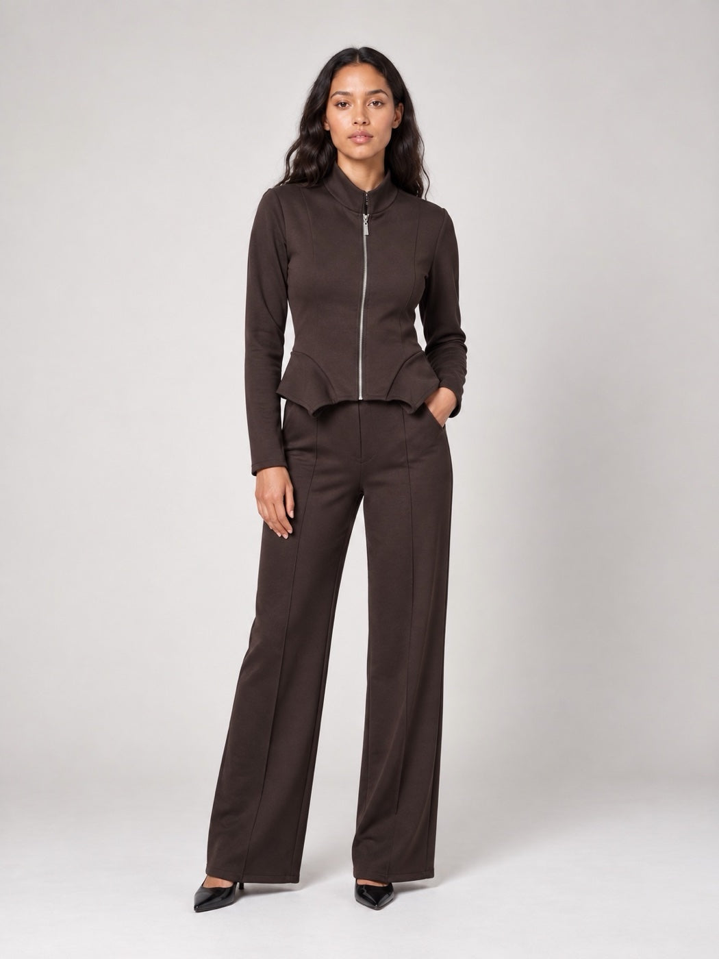 Sculpted Peplum Tracksuit Set - Chocolate
