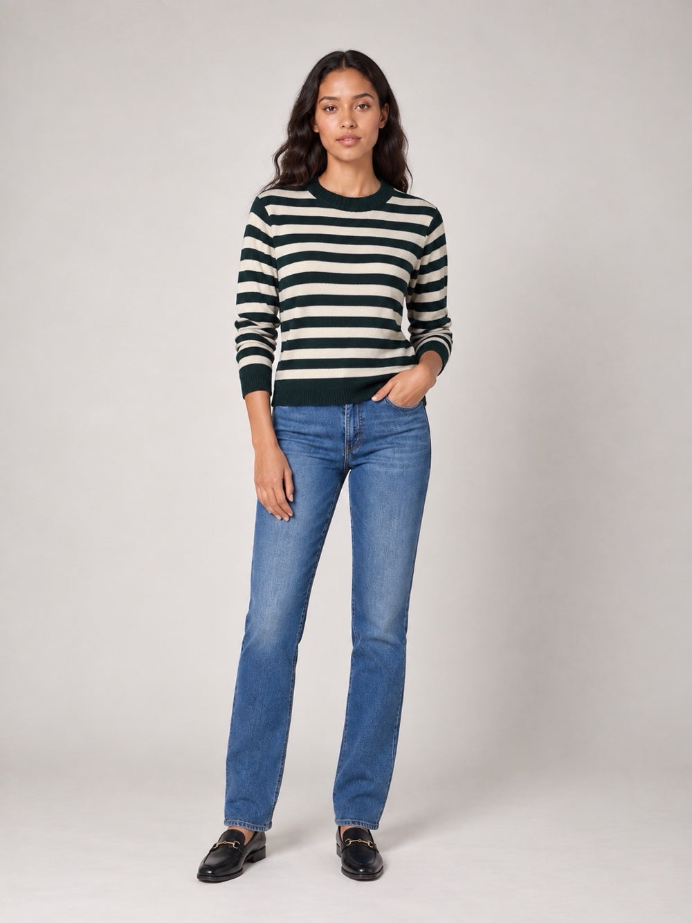 Striped Crew Neck Jumper - Green/cream