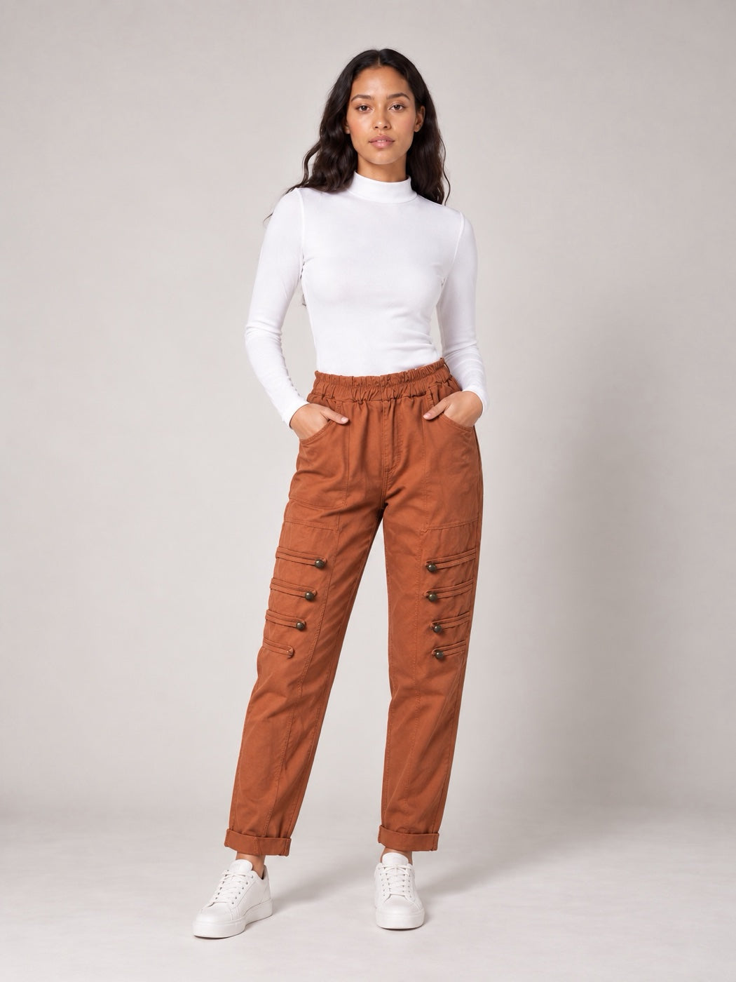 Button Detail Cargo Trousers - Terracotta