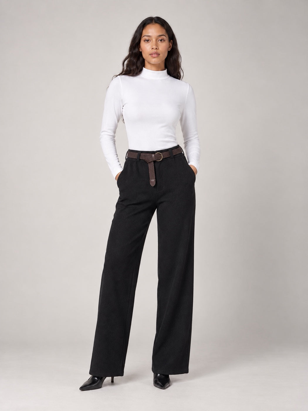High Waisted Wide-Leg Corduroy Trousers - Black