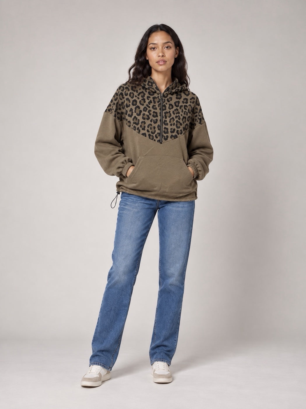 Leopard Print Quarter Zip Hoodie - Mocha
